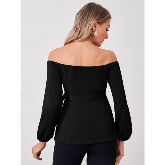 Maternity V Off Shoulder Belted long sleeve Top black - Picture 2 of 8
